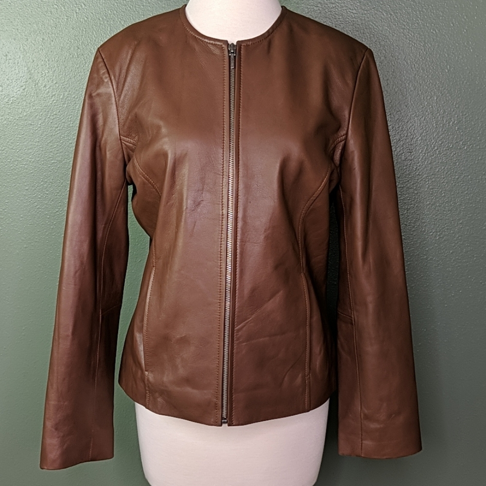 Bernardo Leather Classic Round Neck Carmel Jacket - Picture 1 of 8